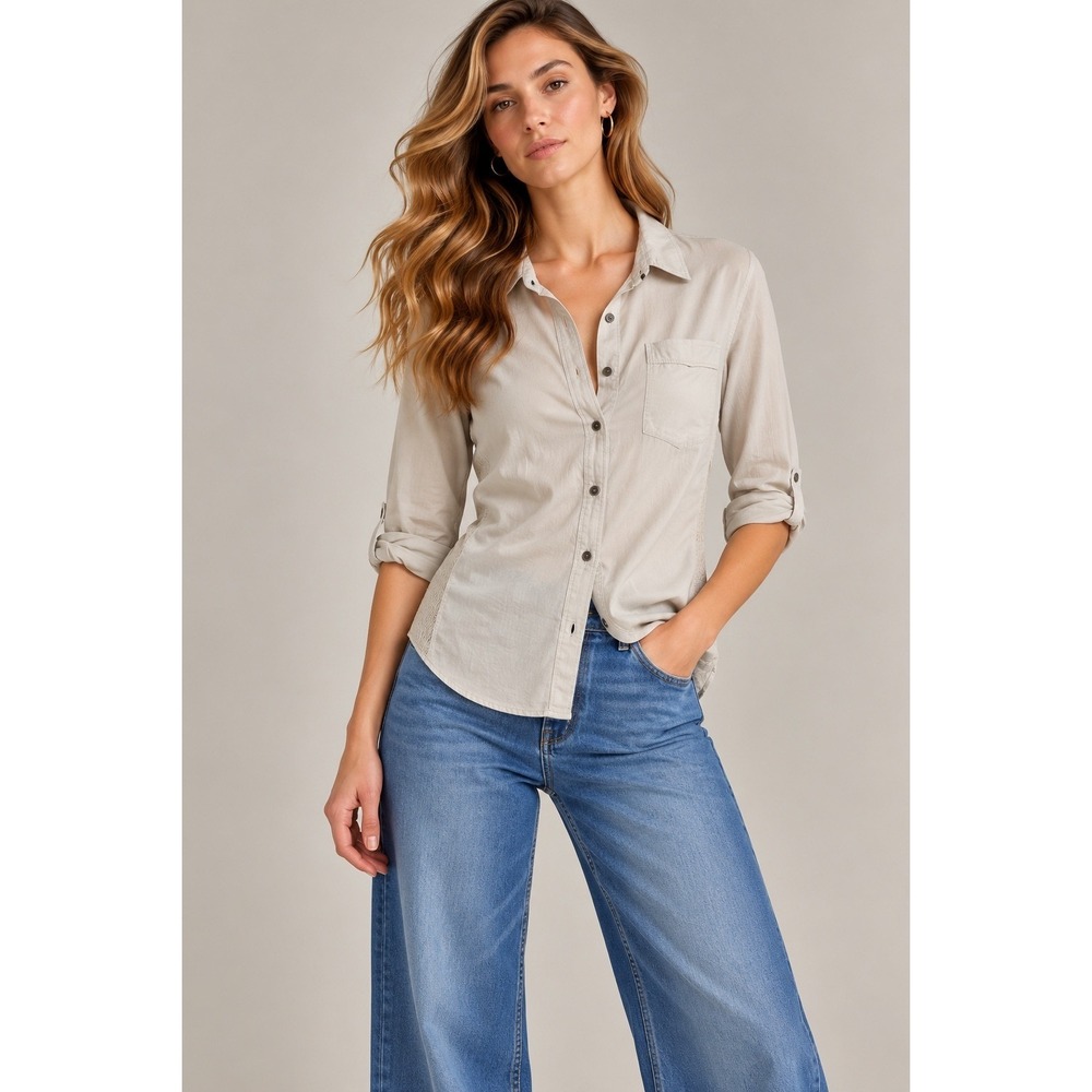 Splendid Womens Taupe Button Down Shirt S Roll Tab Sleeve Mixed Media